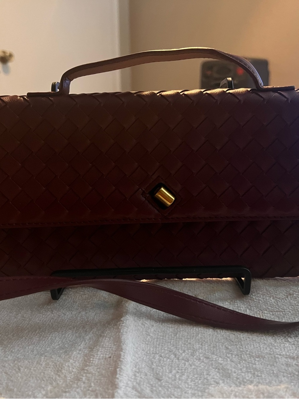 Woven Leather Top-Handle Crossbody Bag in Deep Burgundy